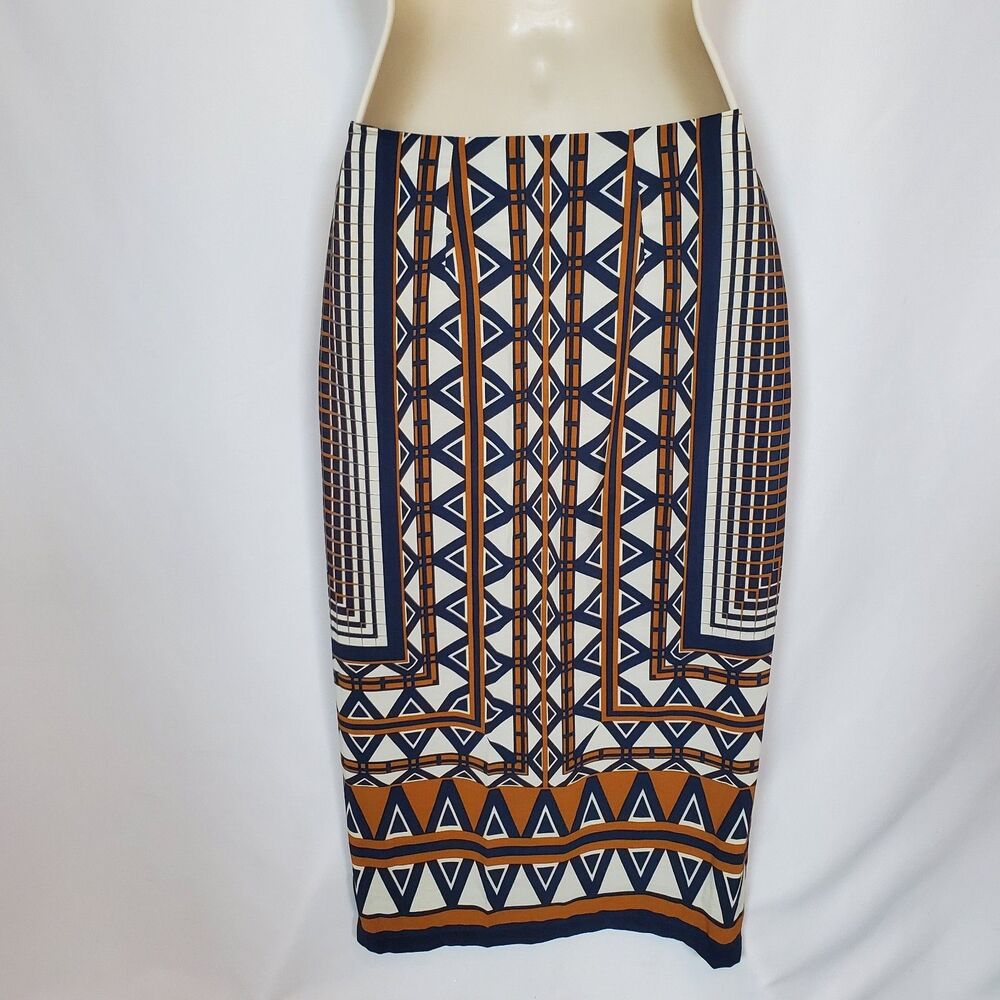 Topshop Women’s Pencil Skirt Size 0 Blue Brown Aztec Print Front Split Midi - Picture 2 of 11